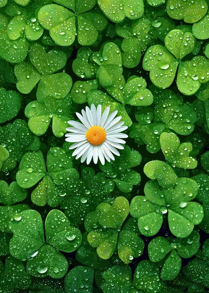 Fresh Daisy Among Clover with Dewdrops