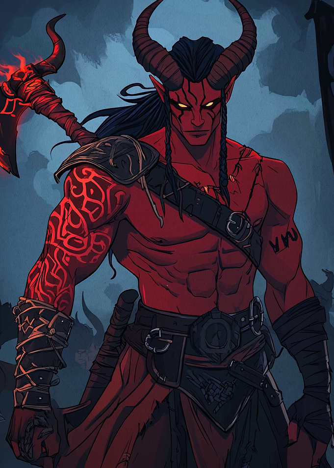 Red-skinned horned warrior with axe