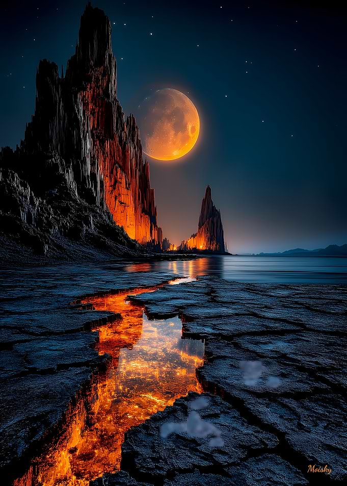 Luminous Moonlit Cliffs with Fiery Lava Stream – Vivid Horizon Landscape