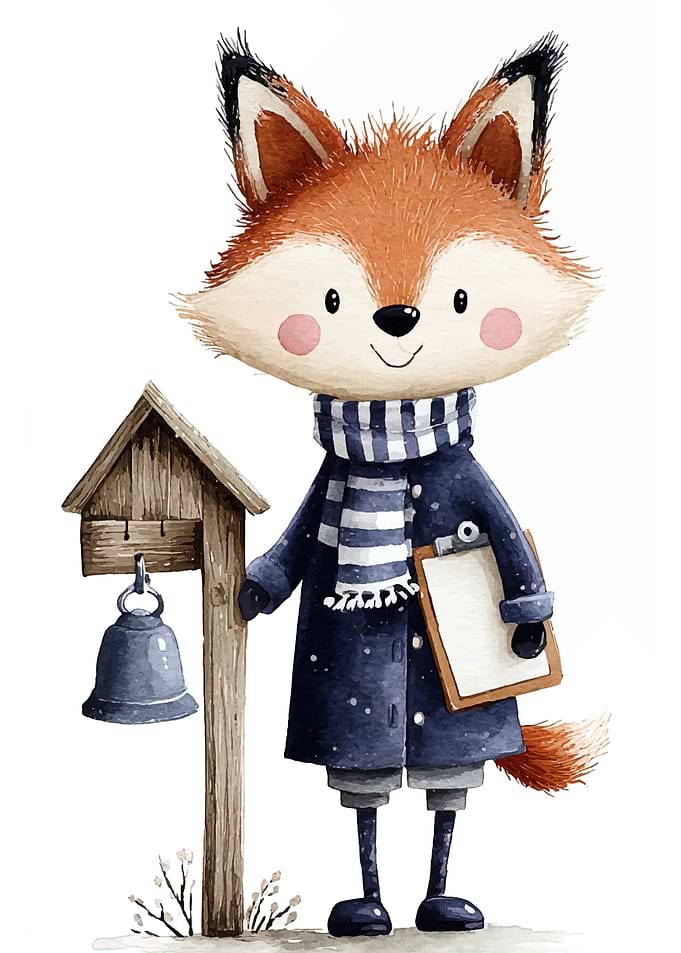 Watercolor Fox with Bell and Clipboard