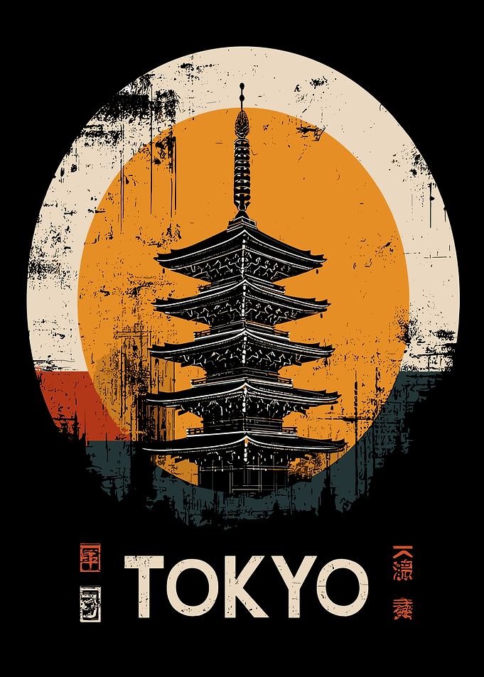 Tokyo Pagoda Vintage Style Illustration