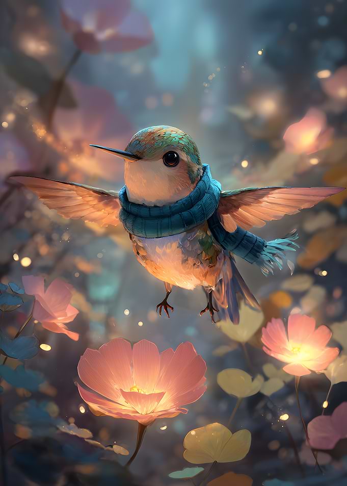 Hummingbird with Scarf in Floral Setting