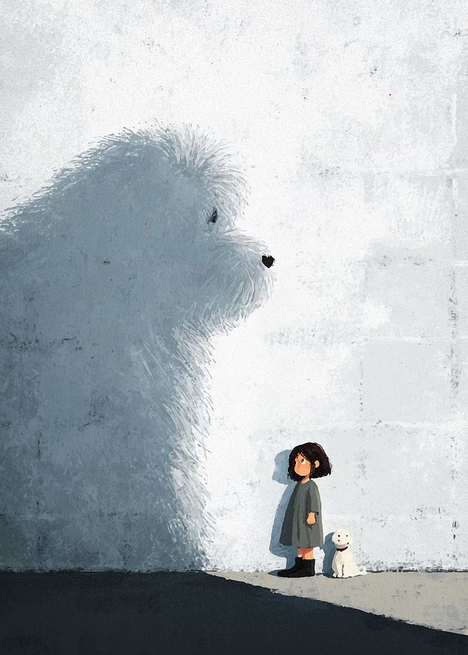 Girl, Dog, and Shadow Illustration