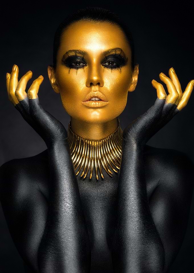 Golden Woman Portrait with Black Body Paint