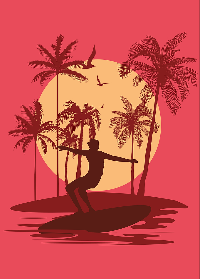 Surfing at Sunset with Palm Trees