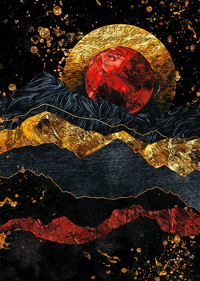 Abstract Mountain Landscape with Red Moon