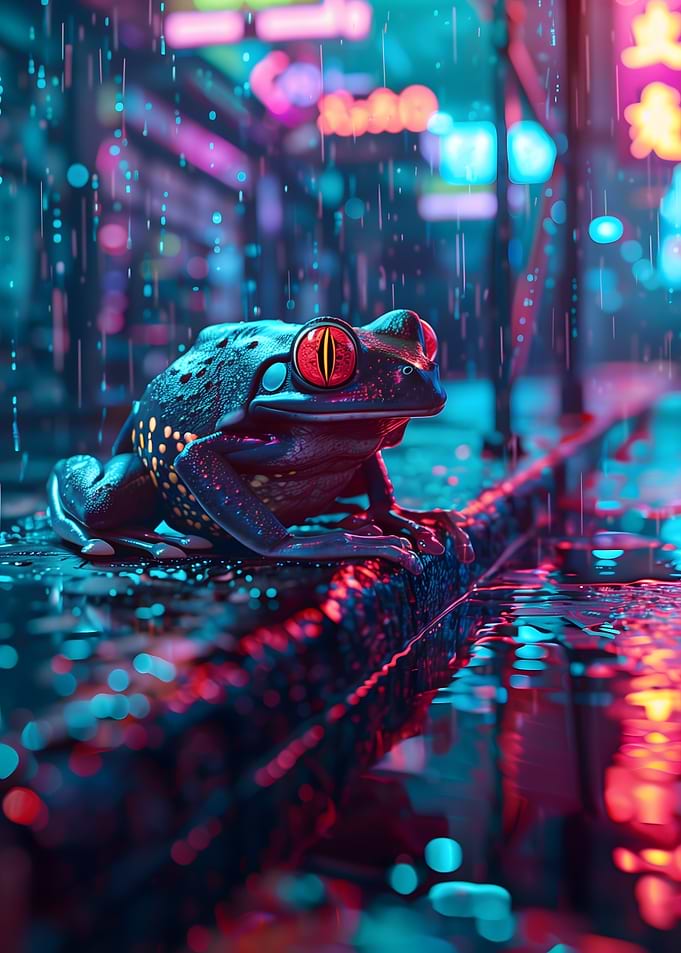 Cyberpunk Frog in Rainy Cityscape