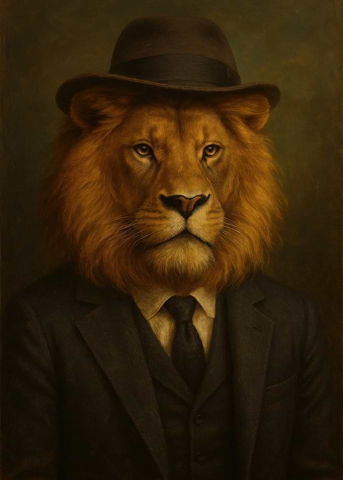 Sophisticated Lion in Suit and Hat Portrait