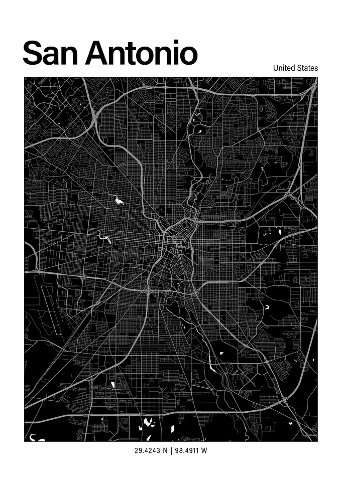 San Antonio Black and White Map