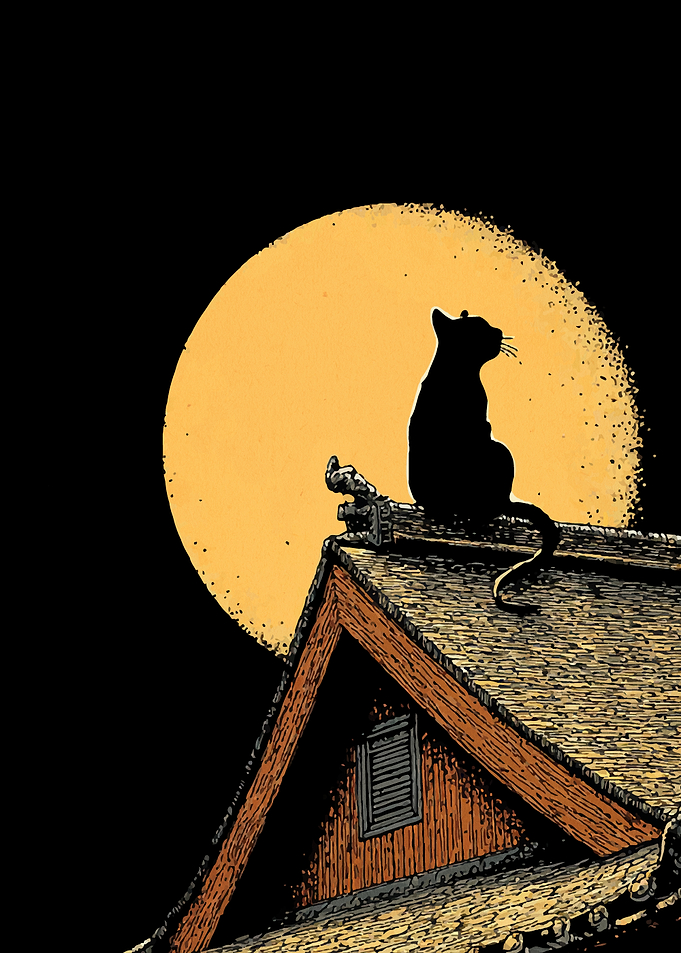 Cat on Roof Under Full Moon