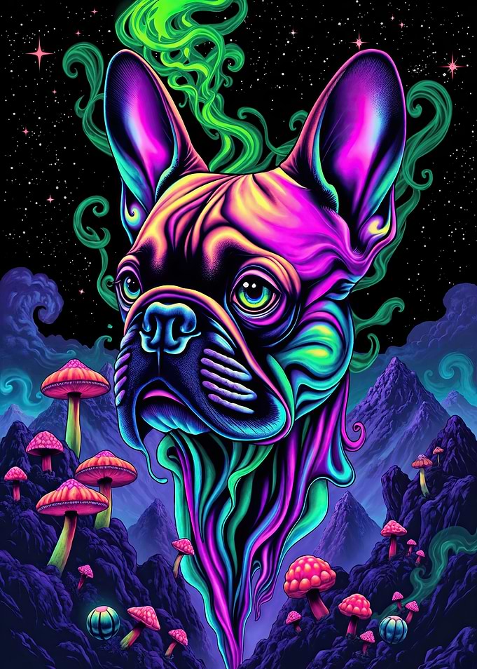 Psychedelic French Bulldog Mushroom Landscape
