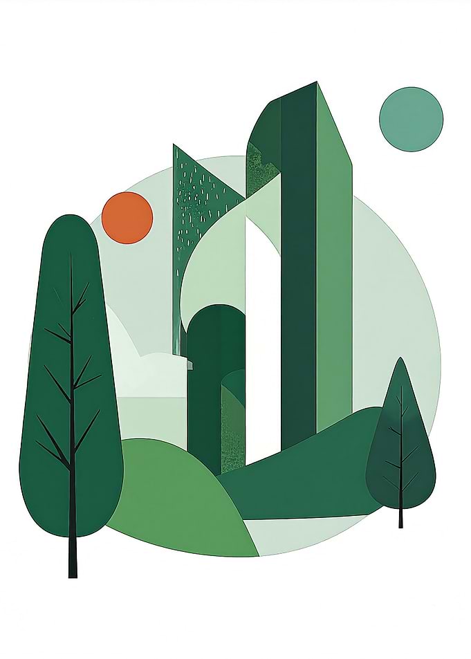 Abstract Green Landscape with Geometric Shapes