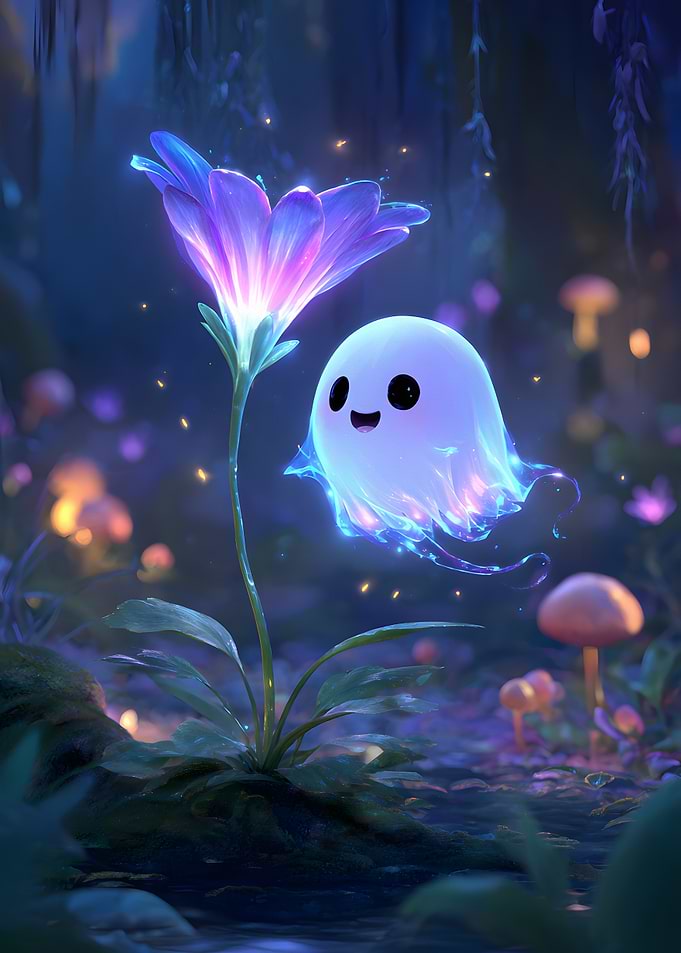 Cute Ghost and Flower in Forest