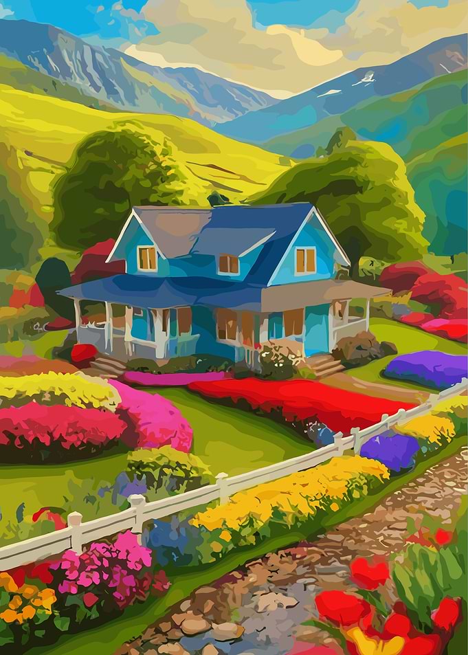 Blue House in a Floral Landscape