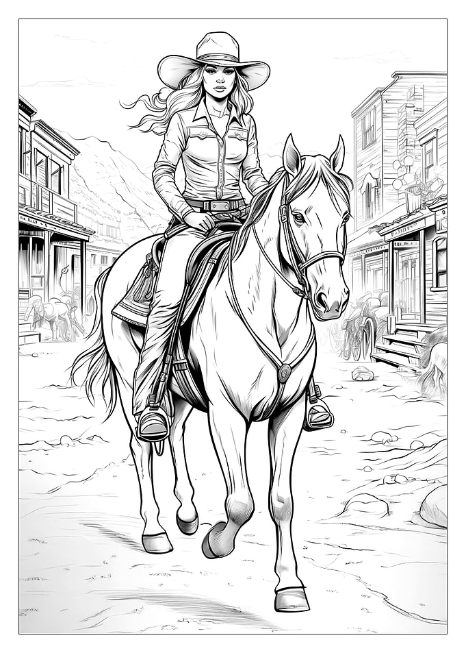 Cowgirl on Horse in Western Town