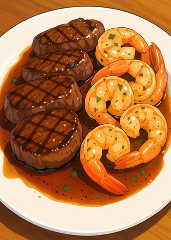 Steak and Shrimp on Plate