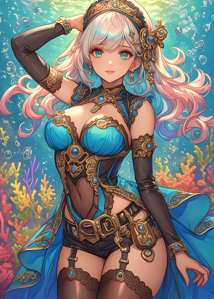Anime Girl Underwater with Coral Reef