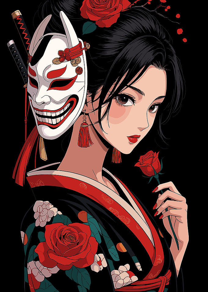 Geisha with Mask and Rose