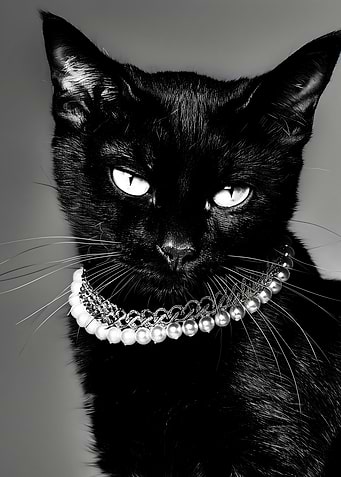 Elegant Black Cat with Pearl Necklace