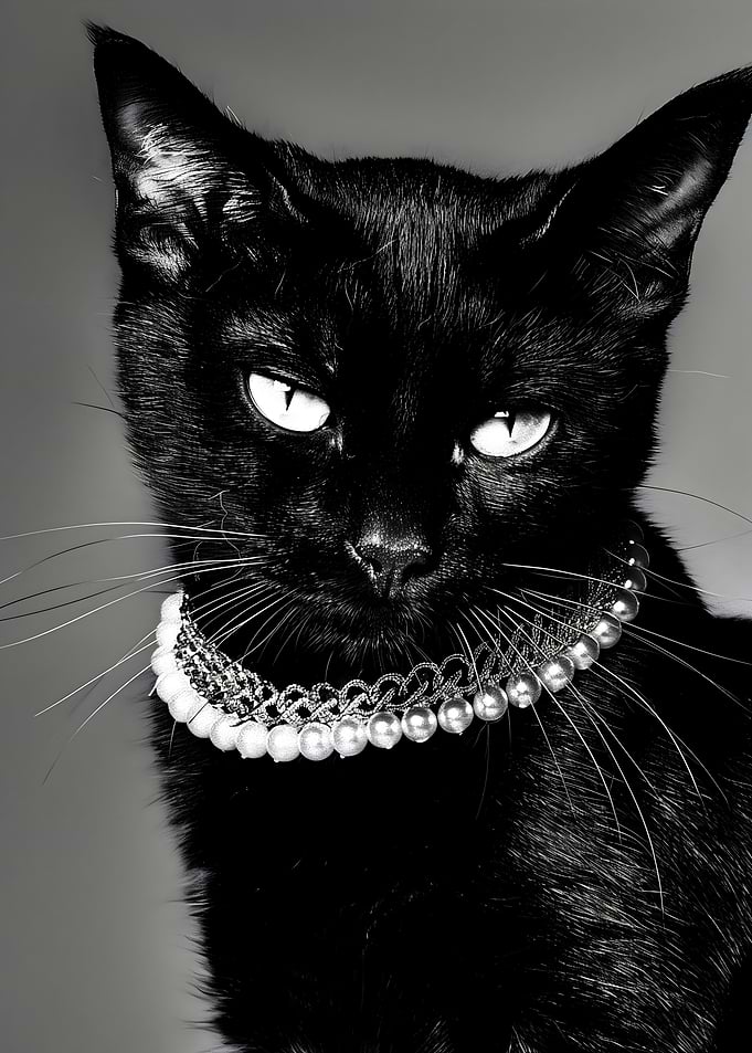 Elegant Black Cat with Pearl Necklace