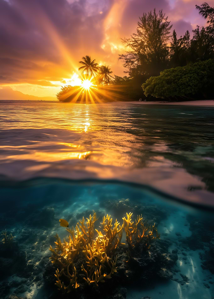 Tropical Island Sunset with Underwater Coral