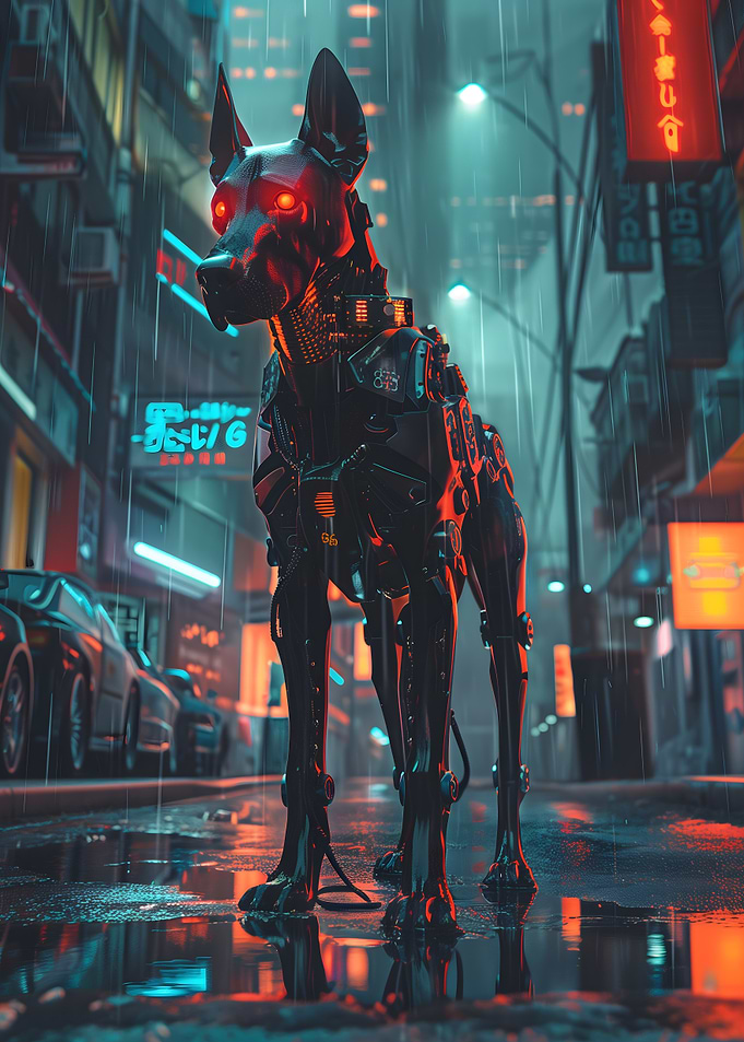 Cyberpunk Robotic Dog in Rainy City