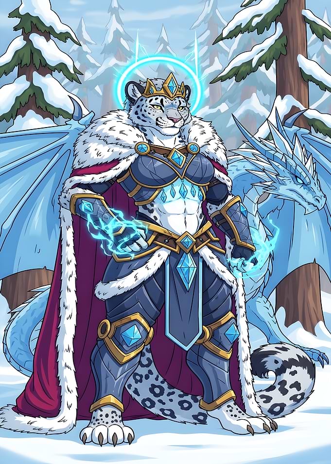 Snow Leopard King with Ice Dragon