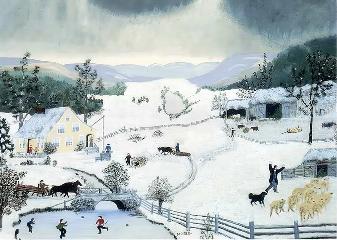 Winter Village Scene Painting, grandma moses painting