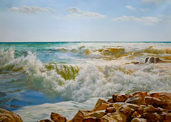 Ocean Waves Crashing on Rocky Shore
