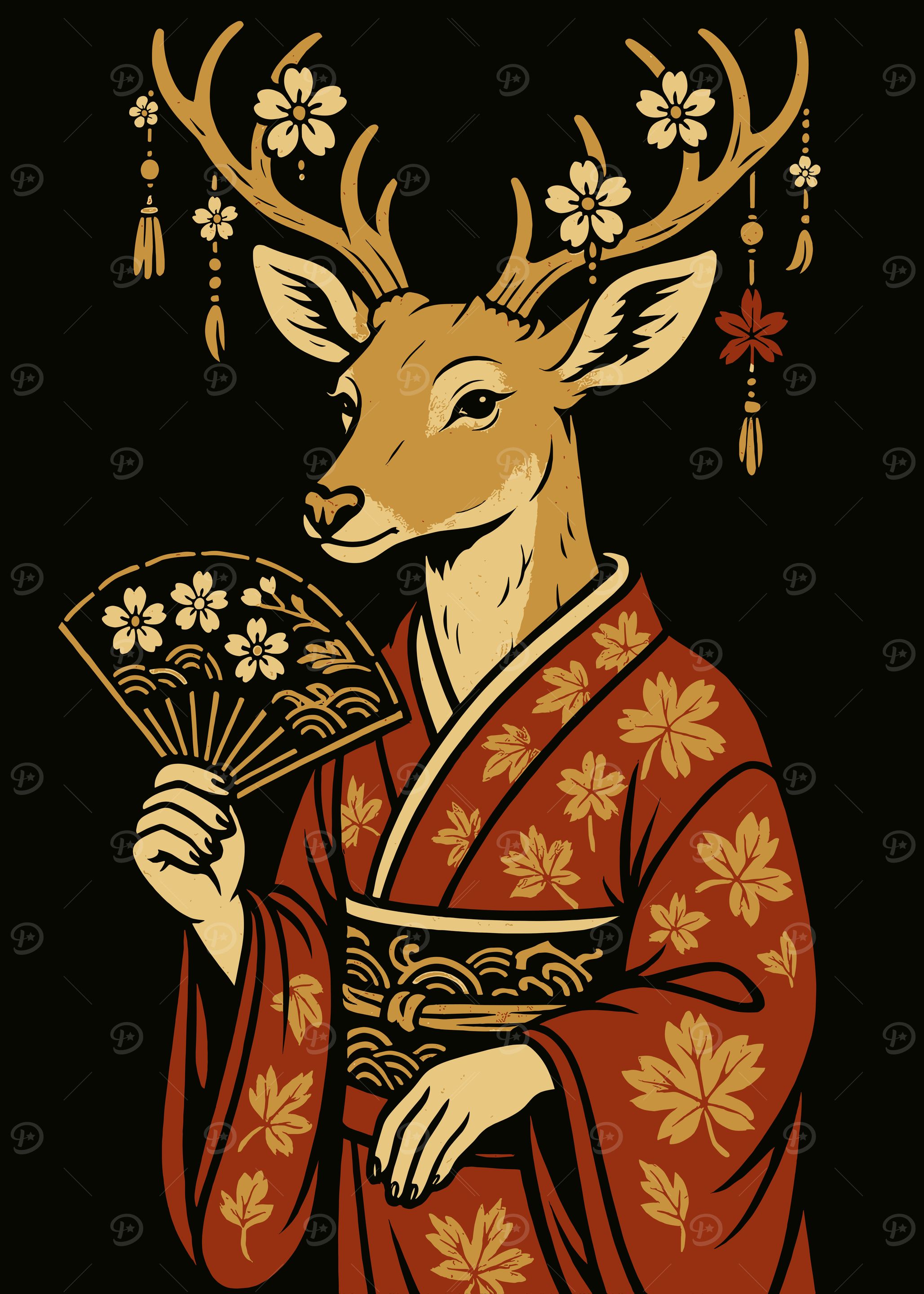 Deer in Kimono with Fan