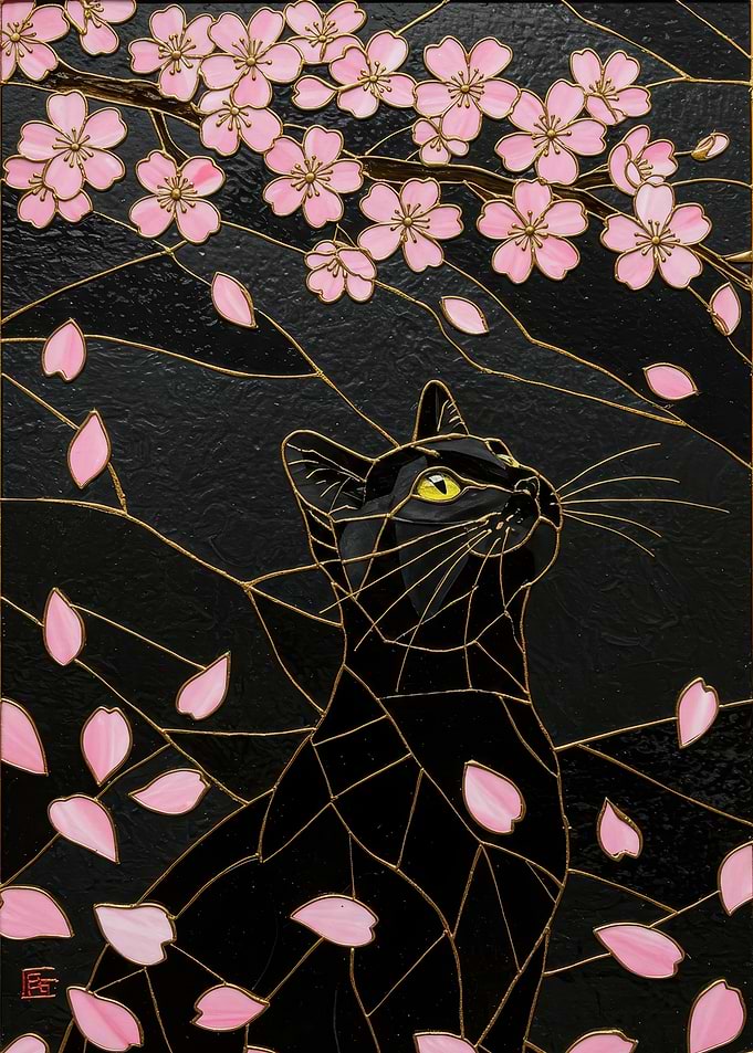 Black Cat and Cherry Blossoms Art