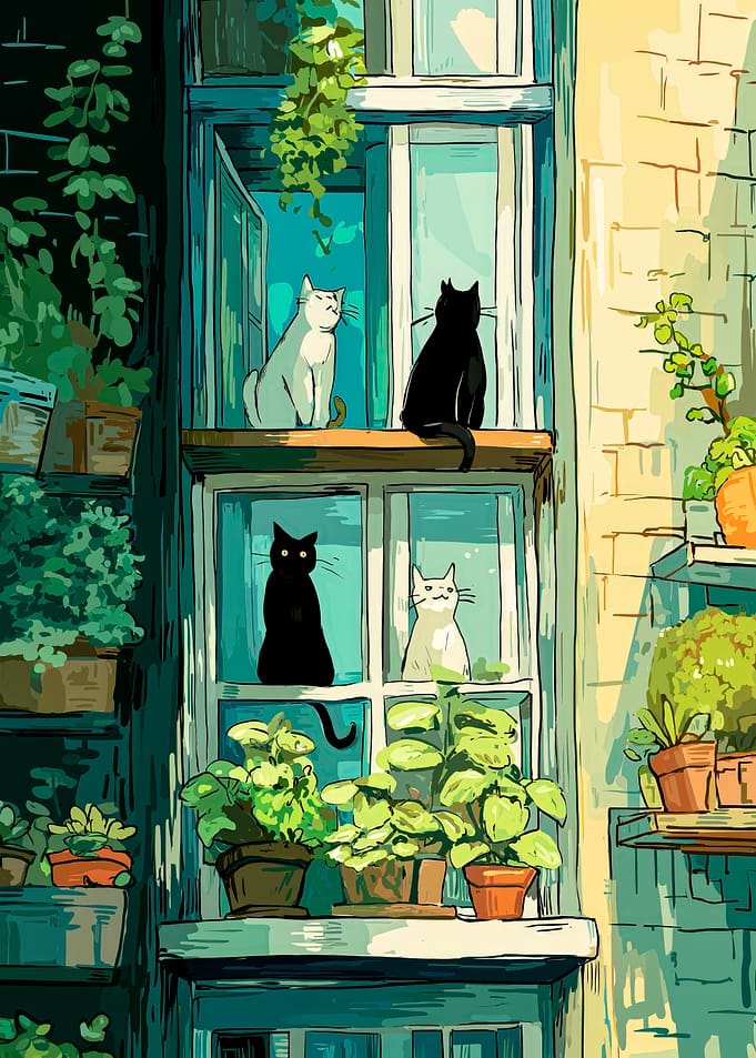 Cats in Window with Plants
