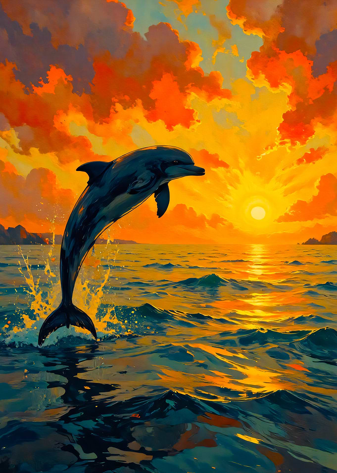 Dolphin jumping at sunset painting