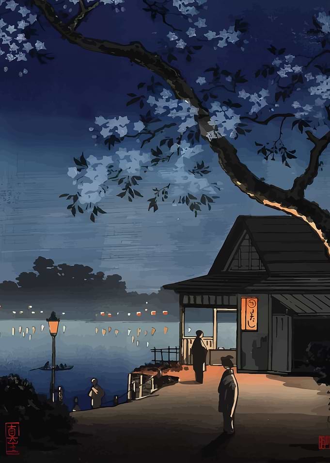 Japanese Night Scene with Cherry Blossoms