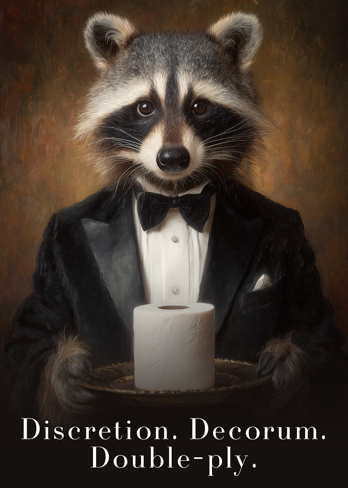 Raccoon Butler with Toilet Paper - Elegant Raccoon with Toilet Roll Bathroom Poster Funny