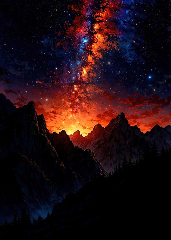 Mountains under a vibrant starry sky