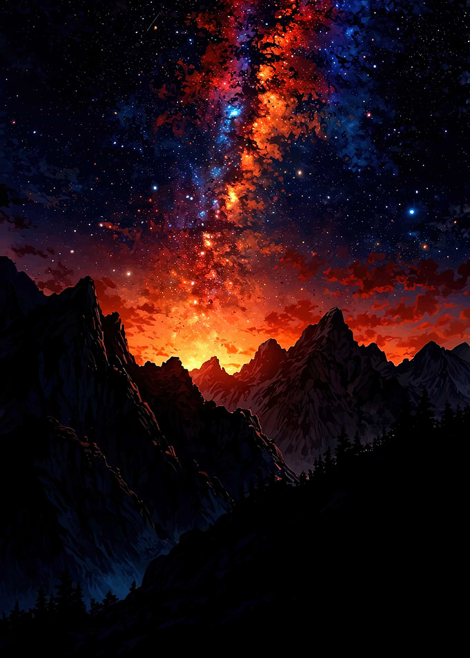 Mountains under a vibrant starry sky