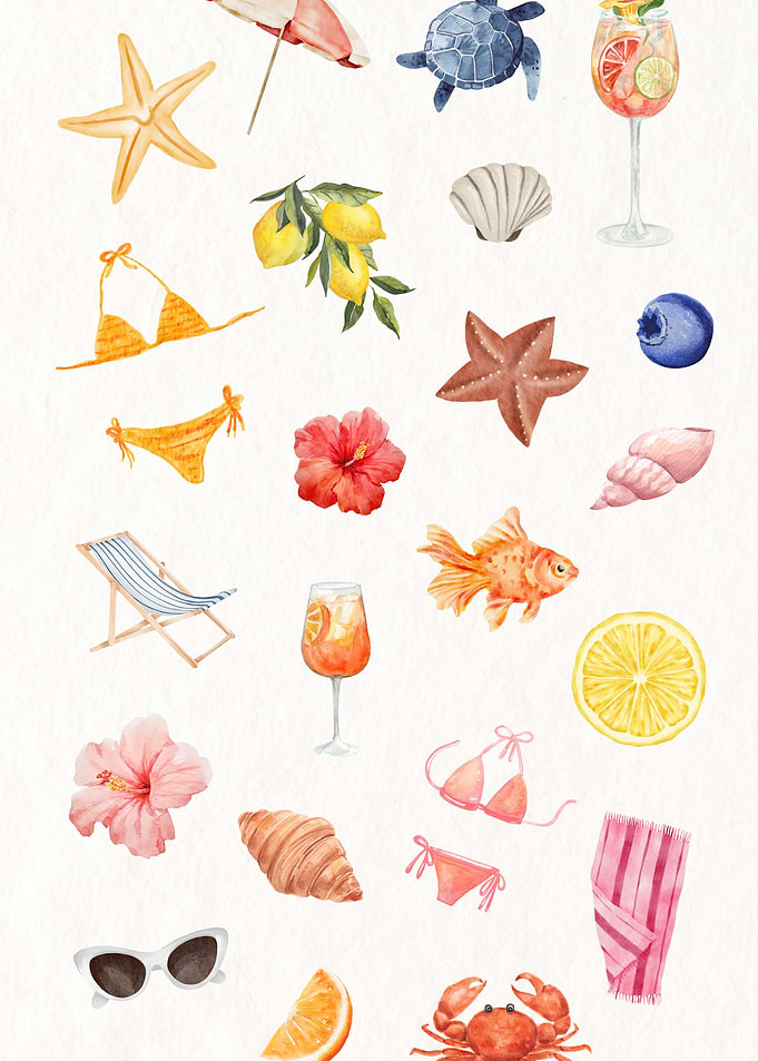 Watercolor Summer Beach Vacation Elements