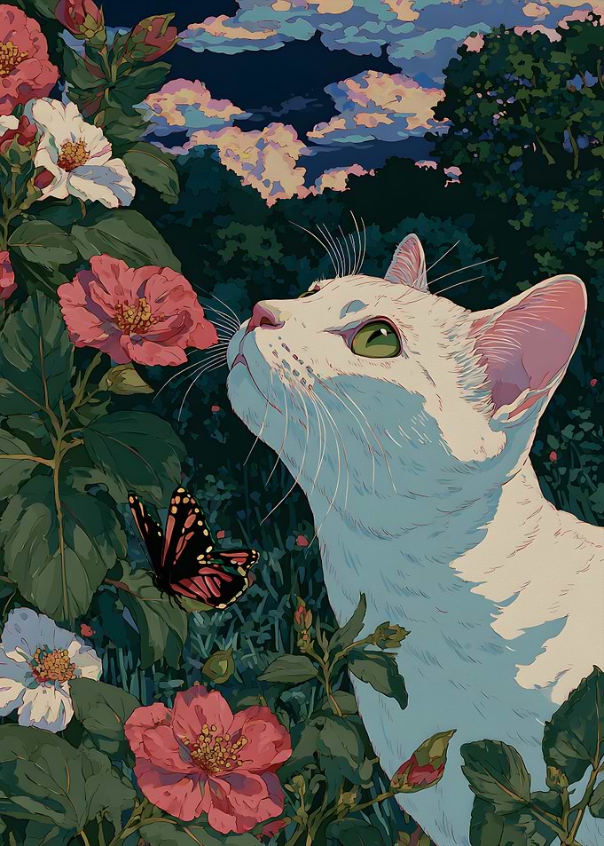 White Cat in Garden with Butterfly