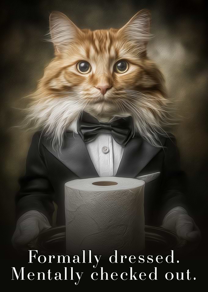 Elegant Ginger Cat Poster – Funny Bathroom Decor with Classy Cat Butler & Toilet Paper Humor