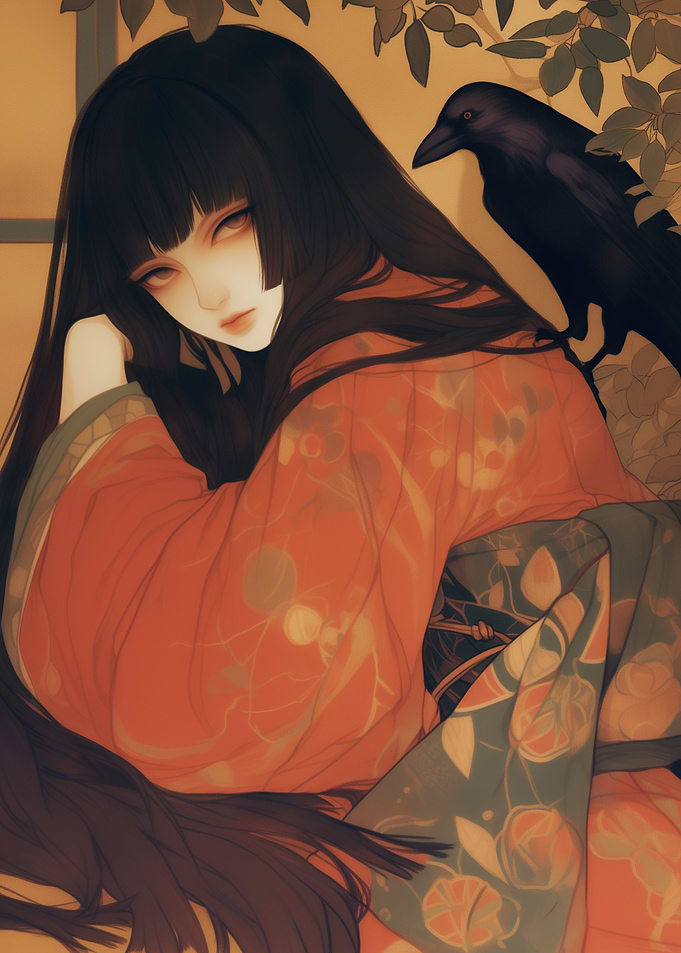 Woman in Kimono with Raven ~ Yokai ~ Oni ~ Japanese Style