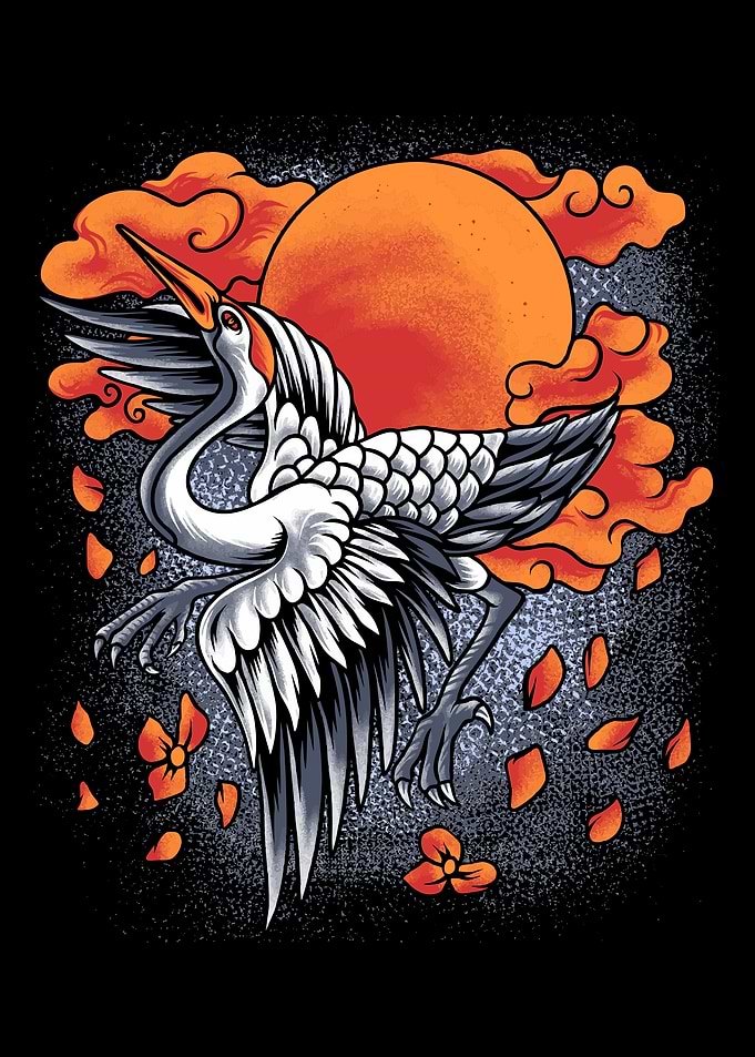Japanese Anime Crane with Sun and Flowers