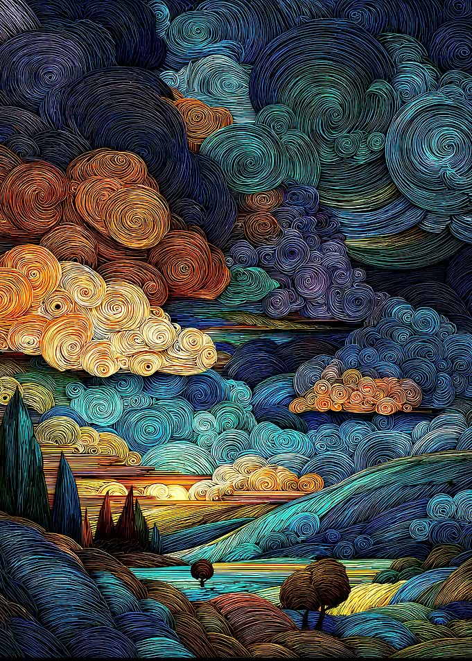 Swirling Landscape with Clouds and Water