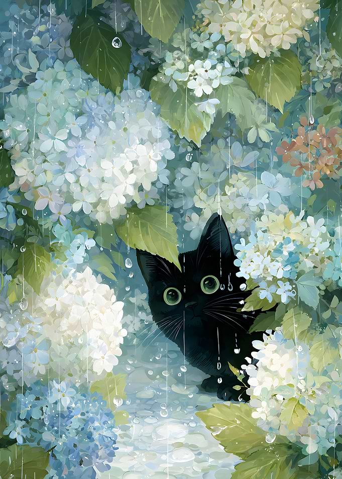 Black cat in the rain