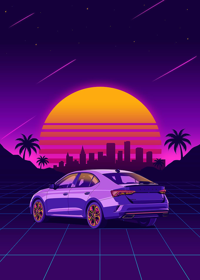 Skoda Octavia RS Retro Illustration with Sunset Backdrop