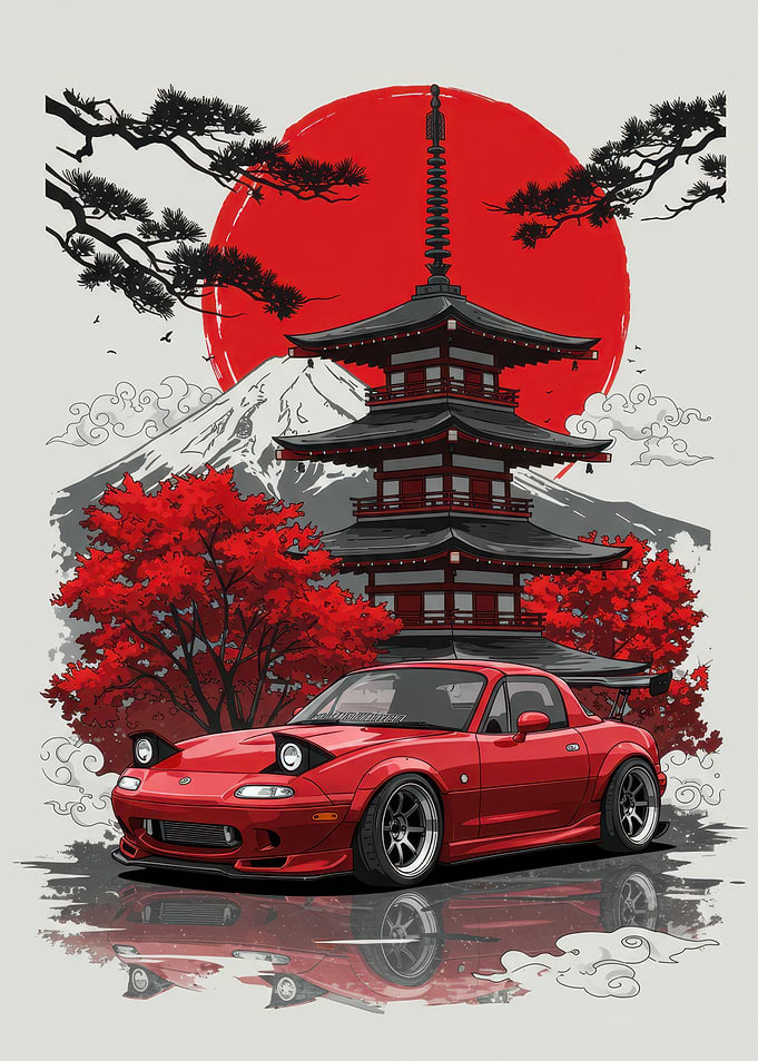 Red Mazda Miata with Japanese backdrop