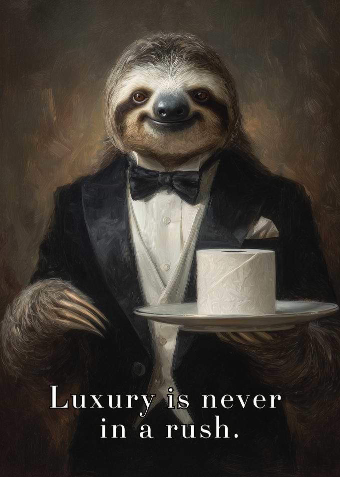 Sloth Butler with Toilet Paper - Elegant Sloth in Tuxedo Bathroom Poster