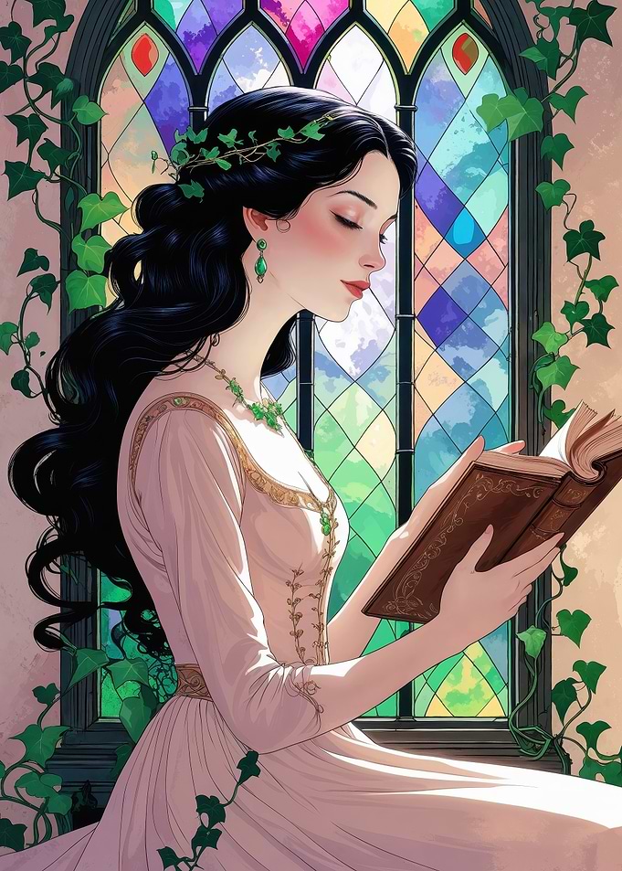 Woman Reading by Stained Glass Window