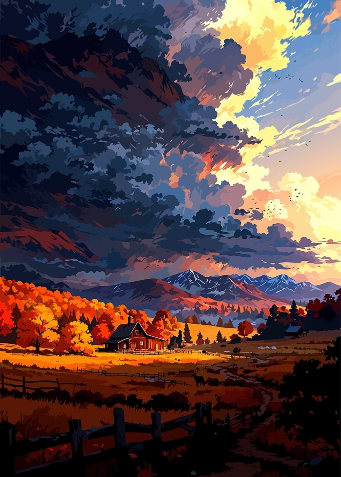 Autumn Landscape with House and Mountains