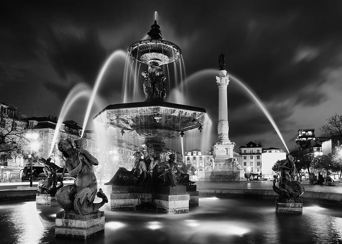 Black and White Fountain at Night in Lisbon